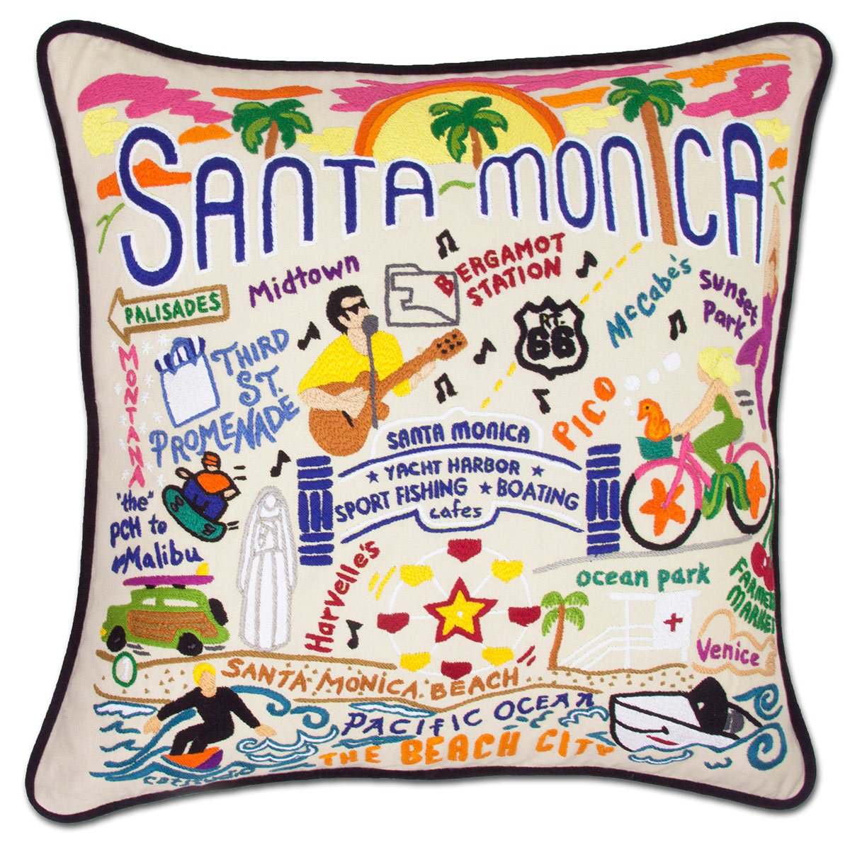 Santa Monica, CA Beach City hand-embroidered throw pillow showcasing iconic landmarks
