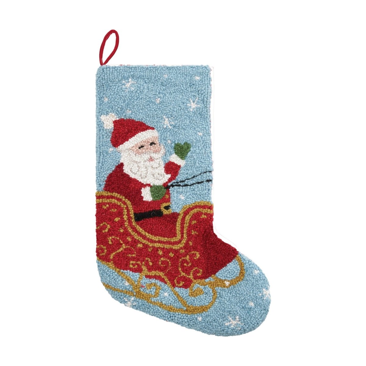 Santa on Sleigh Hooked Wool Christmas Stocking, 12x20 inch, front view