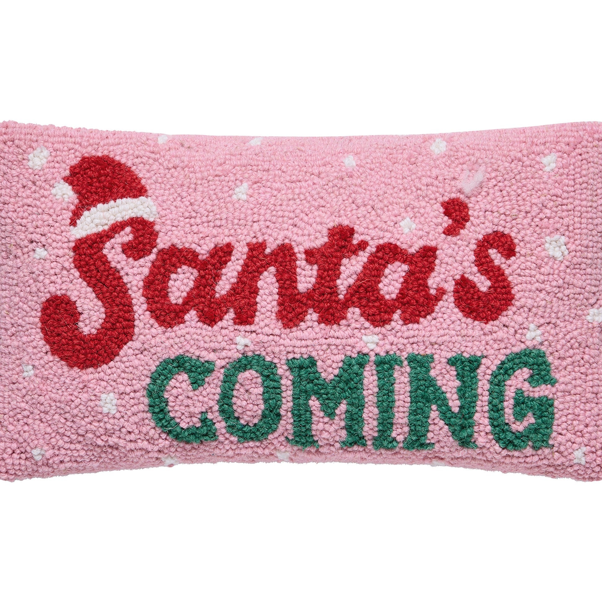 Santa's Coming Hooked Wool Christmas Throw Pillow, close-up detail