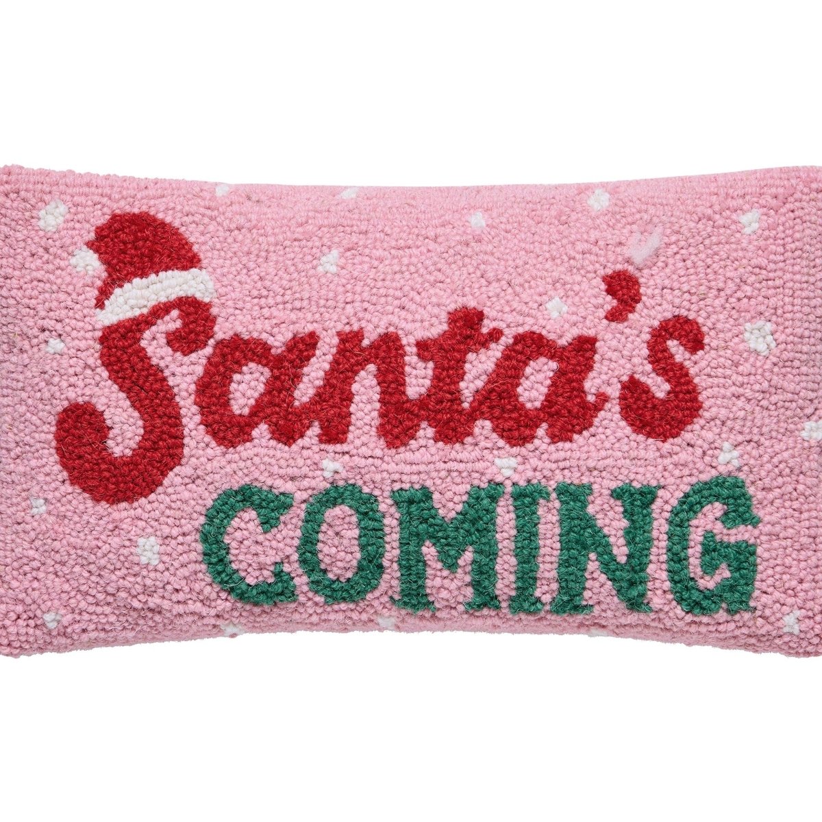Santa's Coming Hooked Wool Christmas Throw Pillow, close-up detail