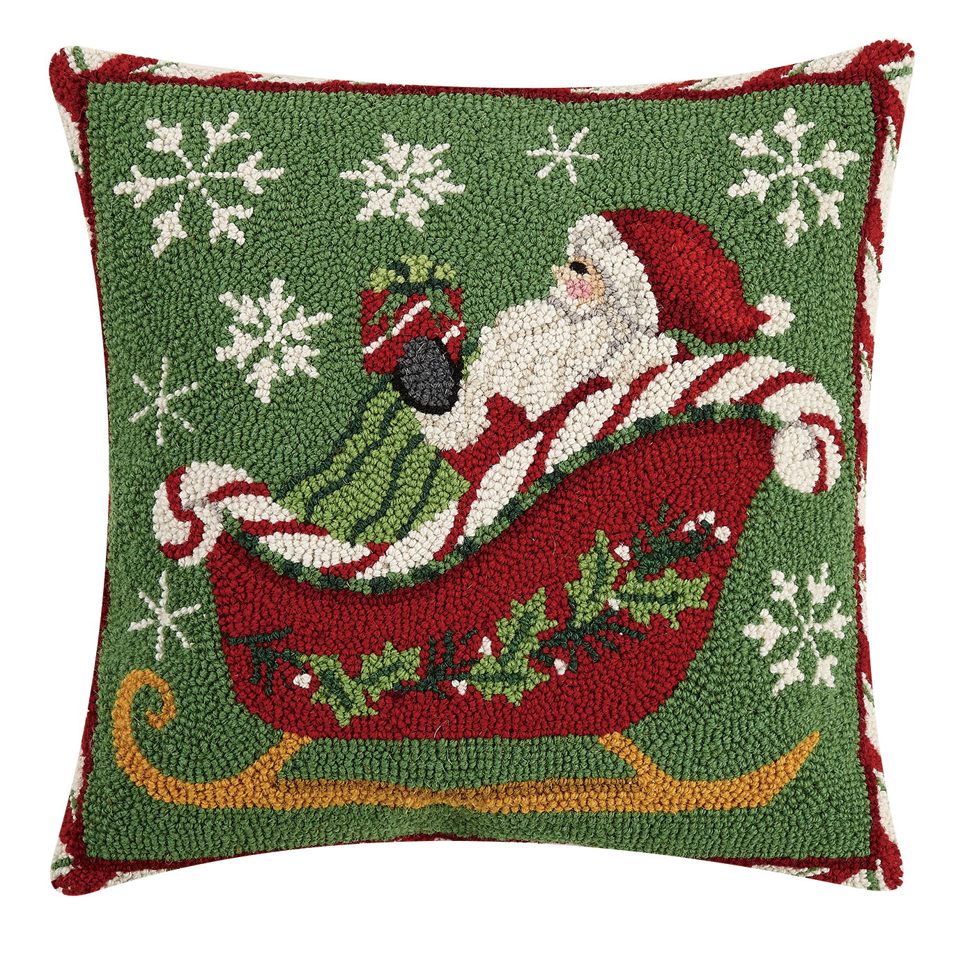 Santa Sleigh Hooked Wool Christmas Throw Pillow, 18x18 inch, front view