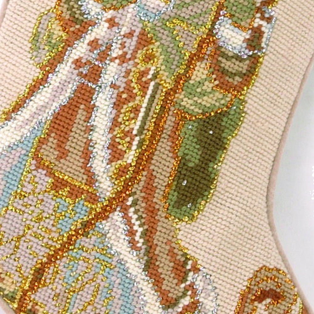 Closeup of Santa with Christmas Tree Wool Needlepoint Stocking showing stitch texture and craftsmanship detail