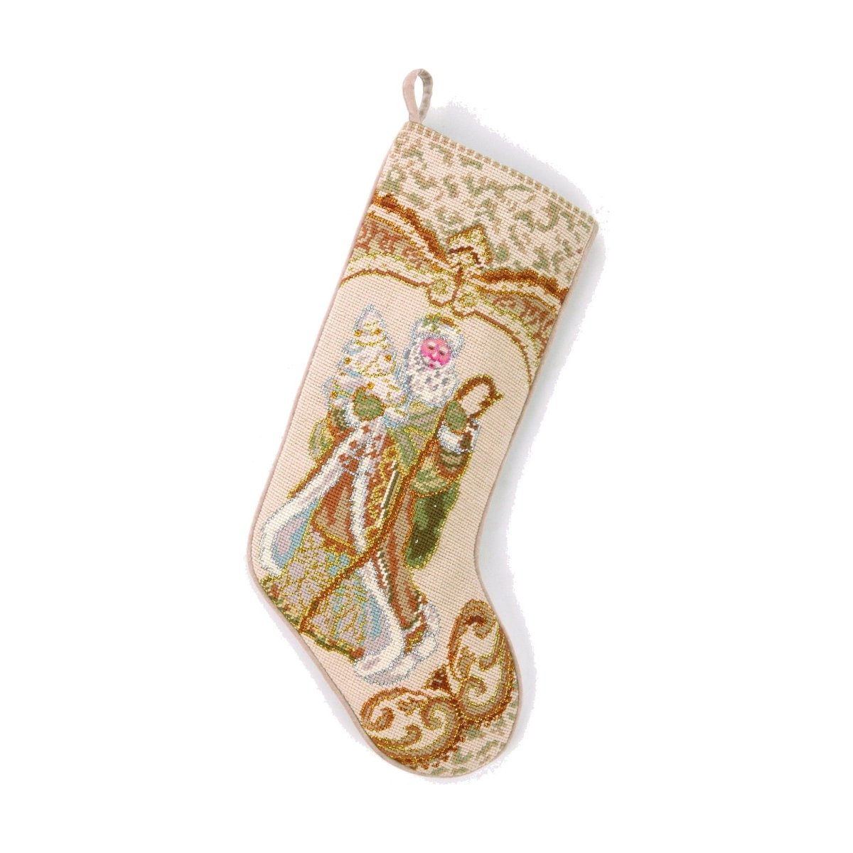 Santa with Christmas Tree Wool Needlepoint Stocking, 11x18 inch, front view
