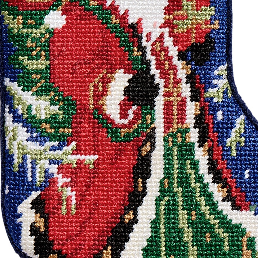 Santa with Gift Mini Embroidered Needlepoint Christmas Stocking, close-up detail