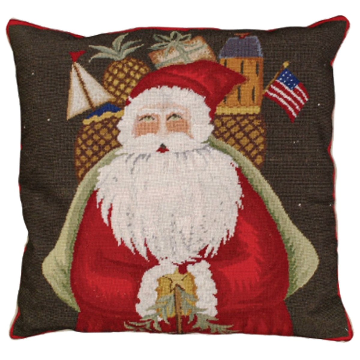 Santa with Gifts needlepoint throw pillow with festive holiday seasonal design