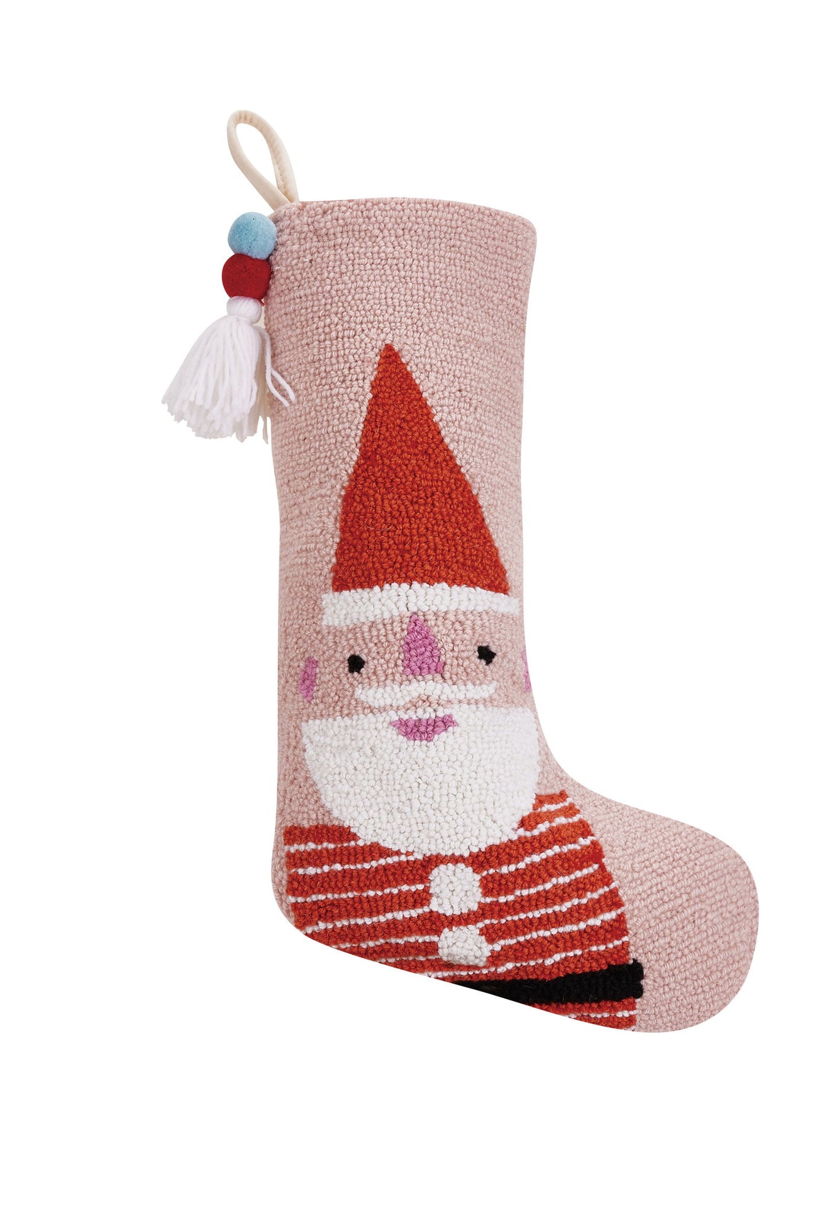 Santa with Pom Pom Tassel Hooked Wool Christmas Stocking, 12x20 inch, front view