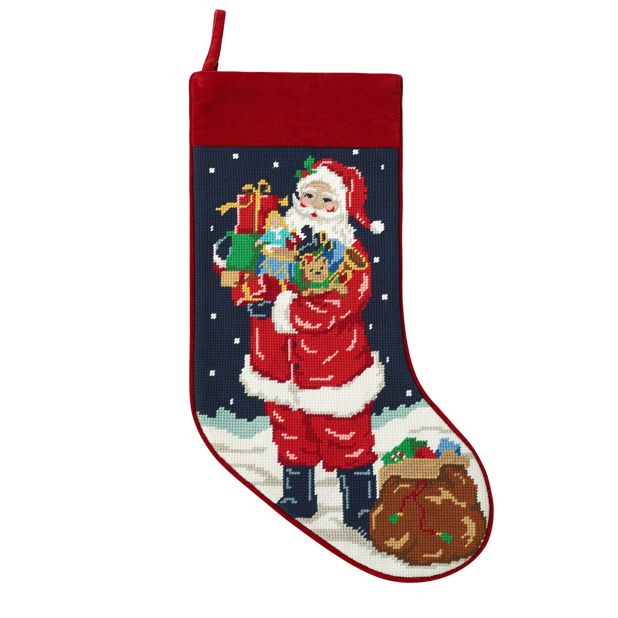 Santa with Toys Embroidered Needlepoint Christmas Stocking, 11x18 inch, front view