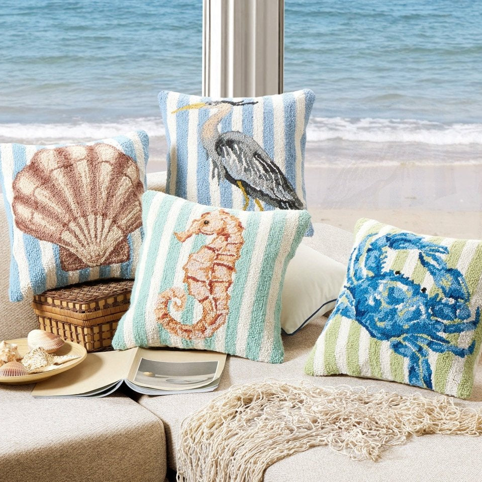 Seahorse Hooked Wool Throw Pillow shown alongside other designs in the same collection, 16x16 inch
