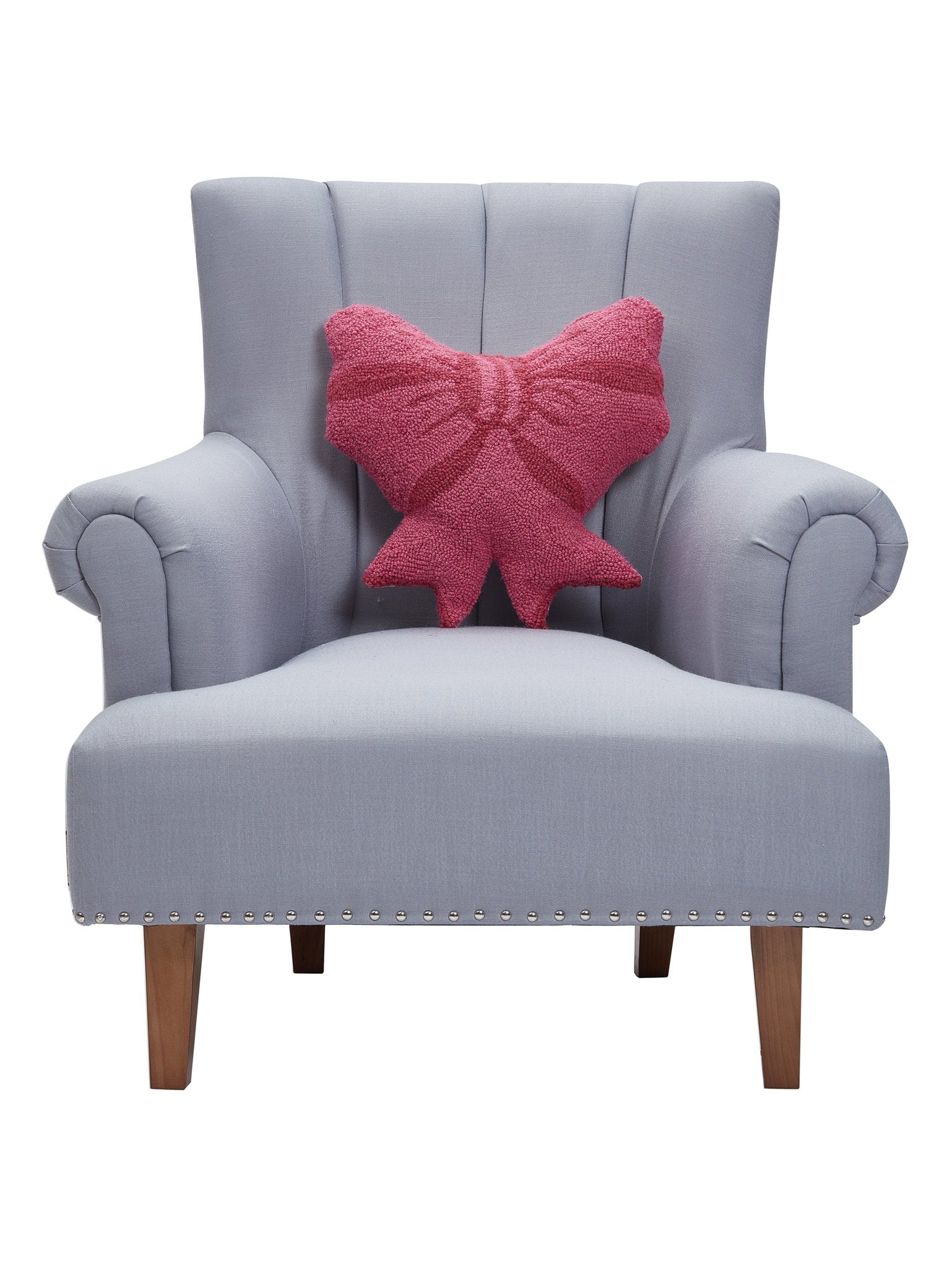 Shaped Bow Hooked Wool Throw Pillow on an armchair, showing the throw pillow at room scale, 16x16 inch