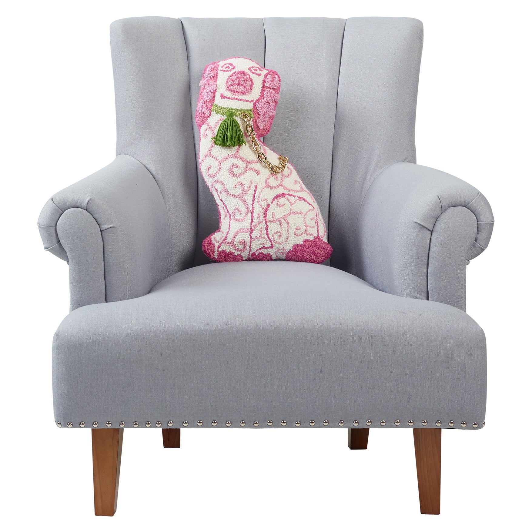Shaped Chinoiserie Dog Hooked Wool Throw Pillow on an armchair, showing the throw pillow at room scale, 12x18 inch