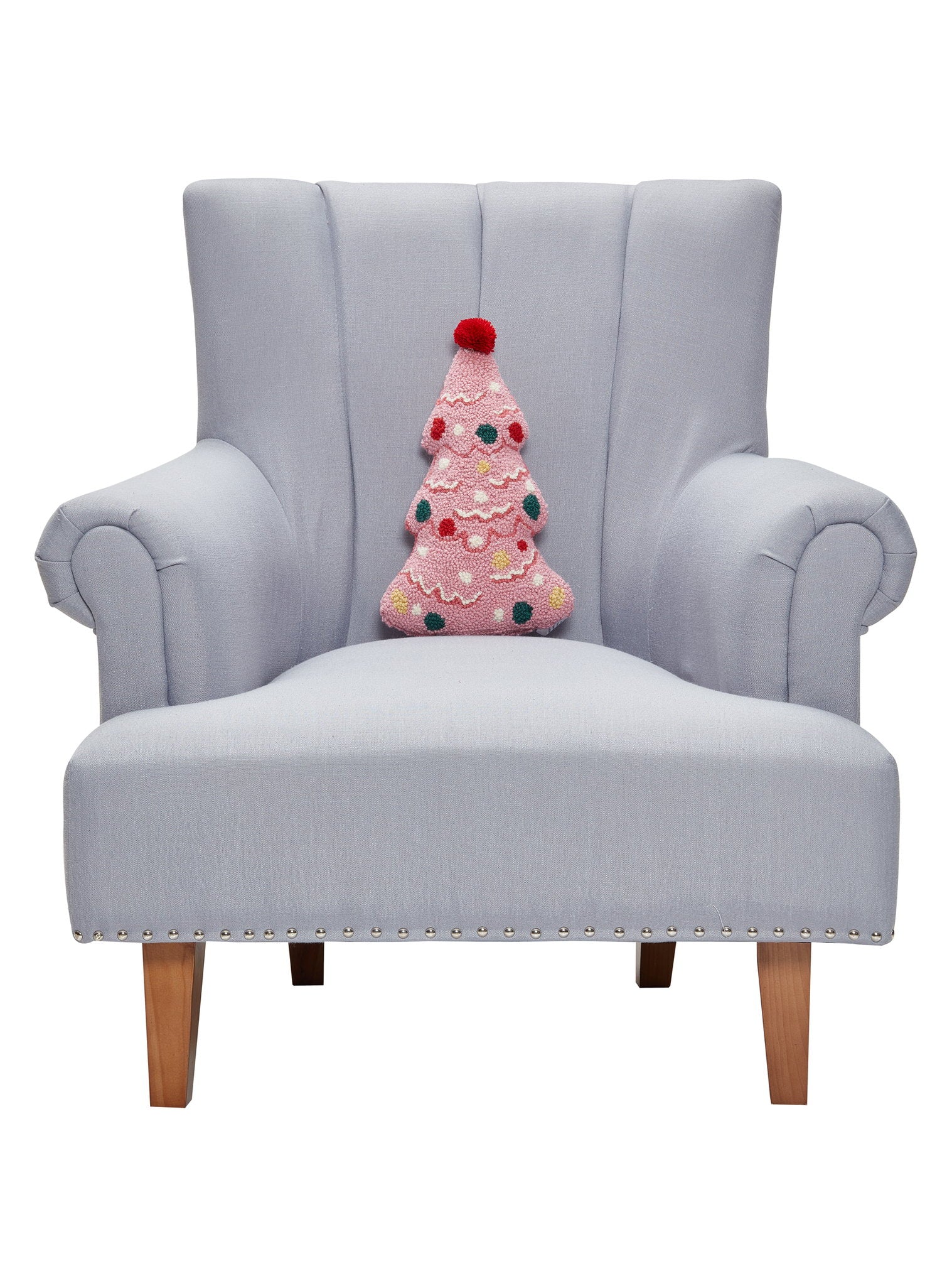 Shaped Holiday Tree with Pom Hooked Wool Christmas Throw Pillow on an armchair, showing the throw pillow at room scale, 9x14 inch