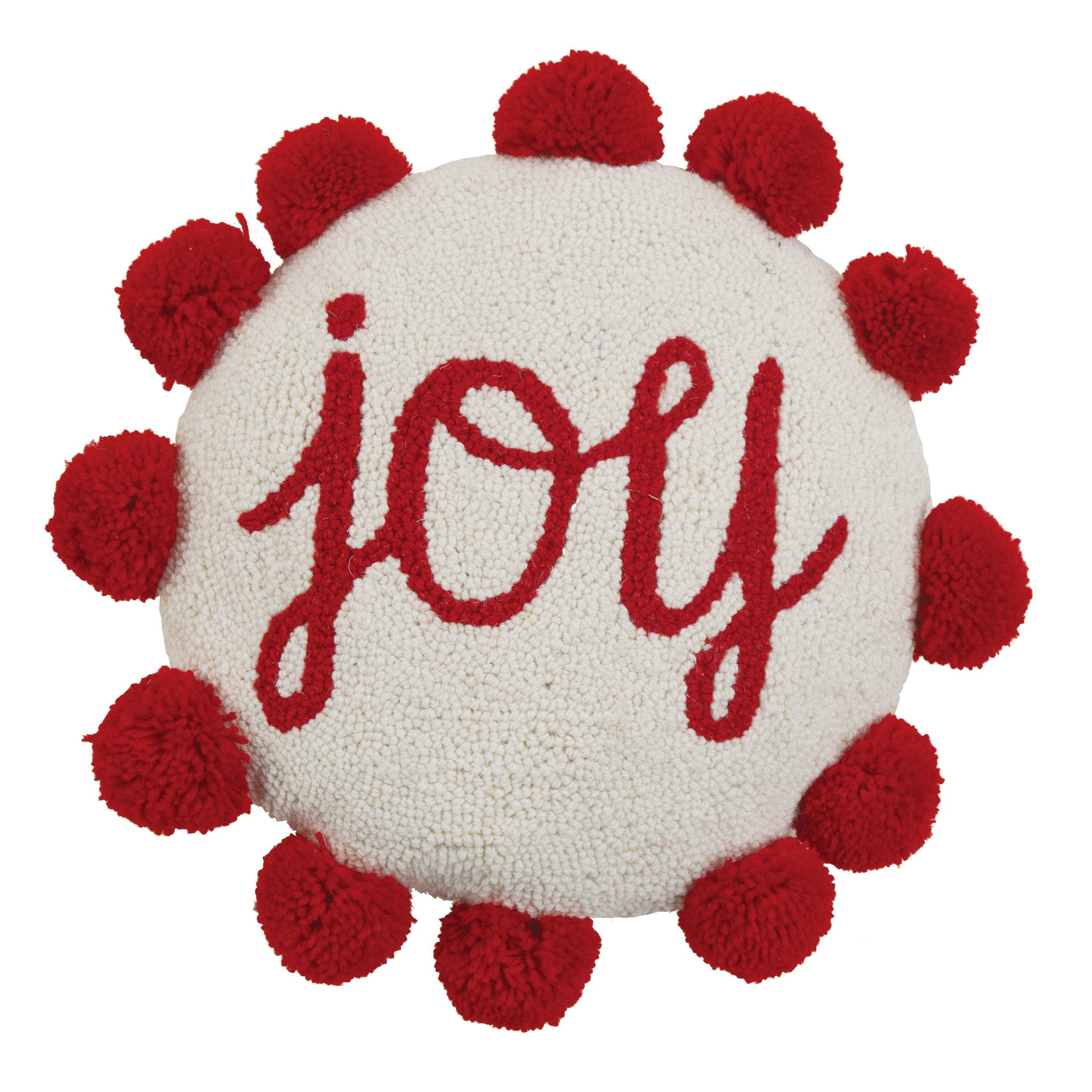 Shaped Joy with Pom Pom Hooked Wool Christmas Throw Pillow, 14x14 inch, front view