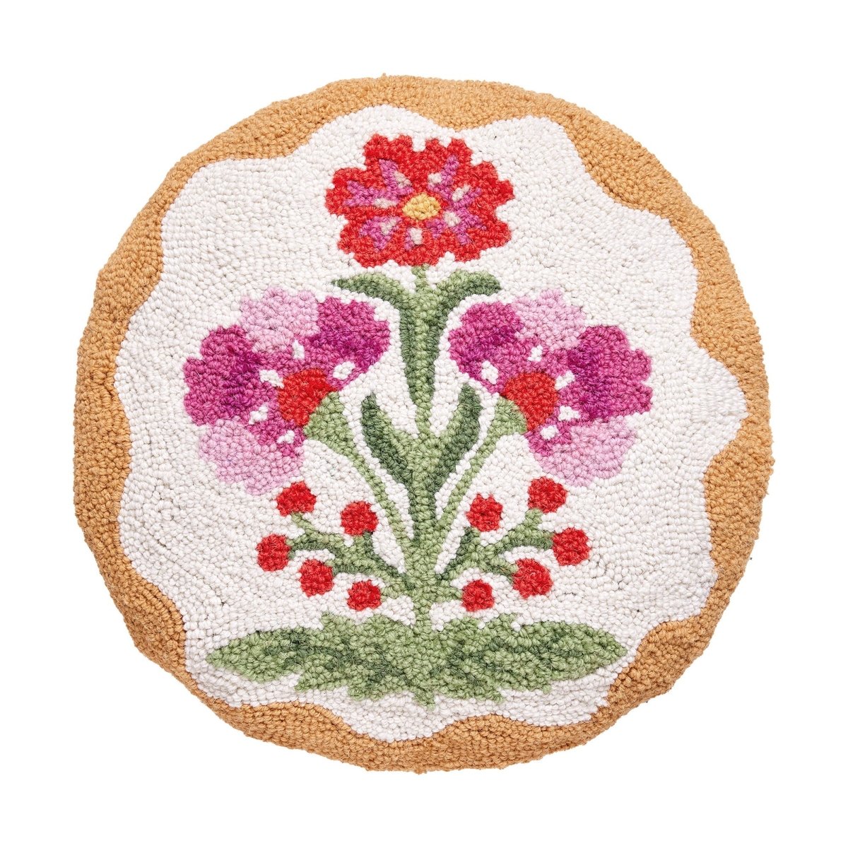 Shaped Mughal Flower Hooked Wool Throw Pillow, 16x16 inch, front view