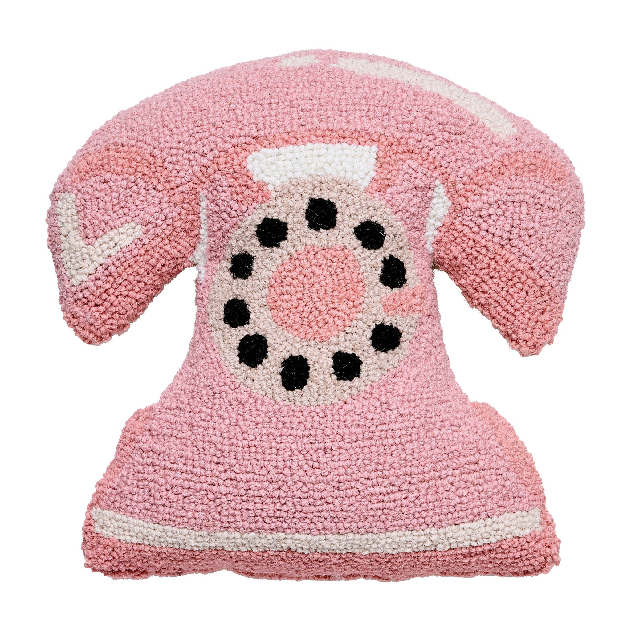 Shaped Pink Telephone Hooked Wool Throw Pillow, 14x16 inch, front view