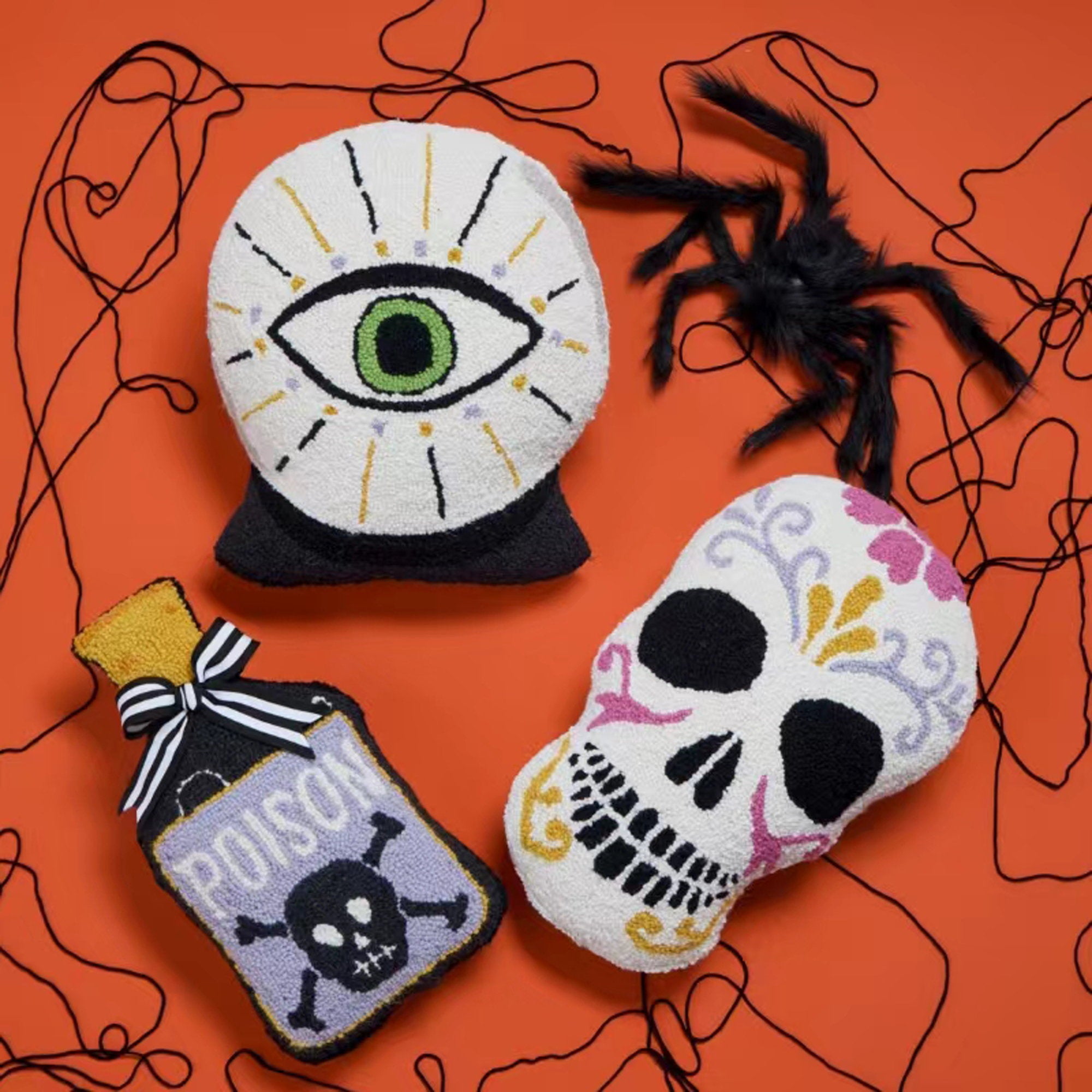 Shaped Poison Bottle Hooked Wool Halloween Throw Pillow shown alongside other designs in the same collection, 9x16 inch