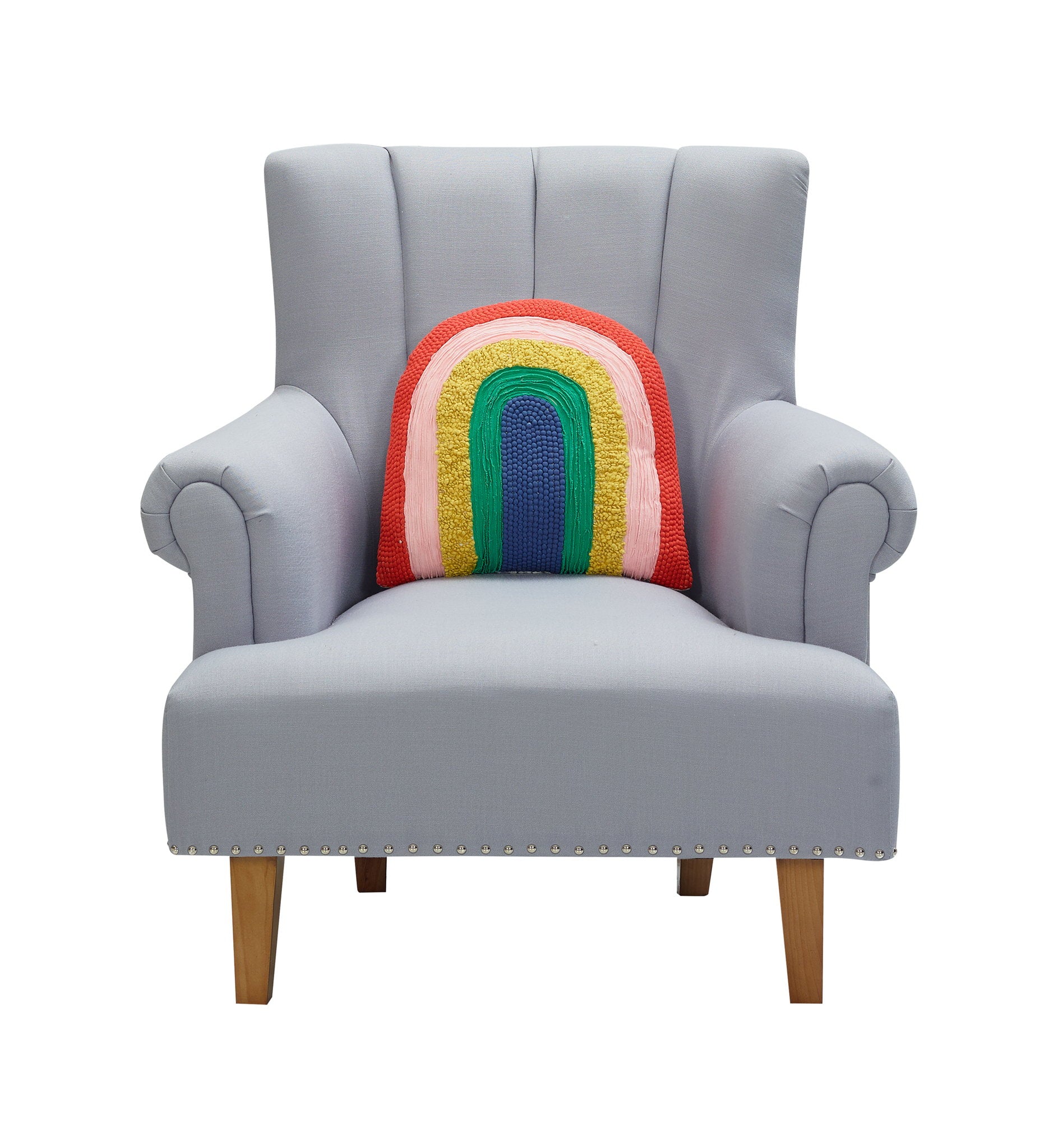 Shaped Rainbow Embroidered Throw Pillow on an armchair, showing the throw pillow at room scale, 16x16 inch