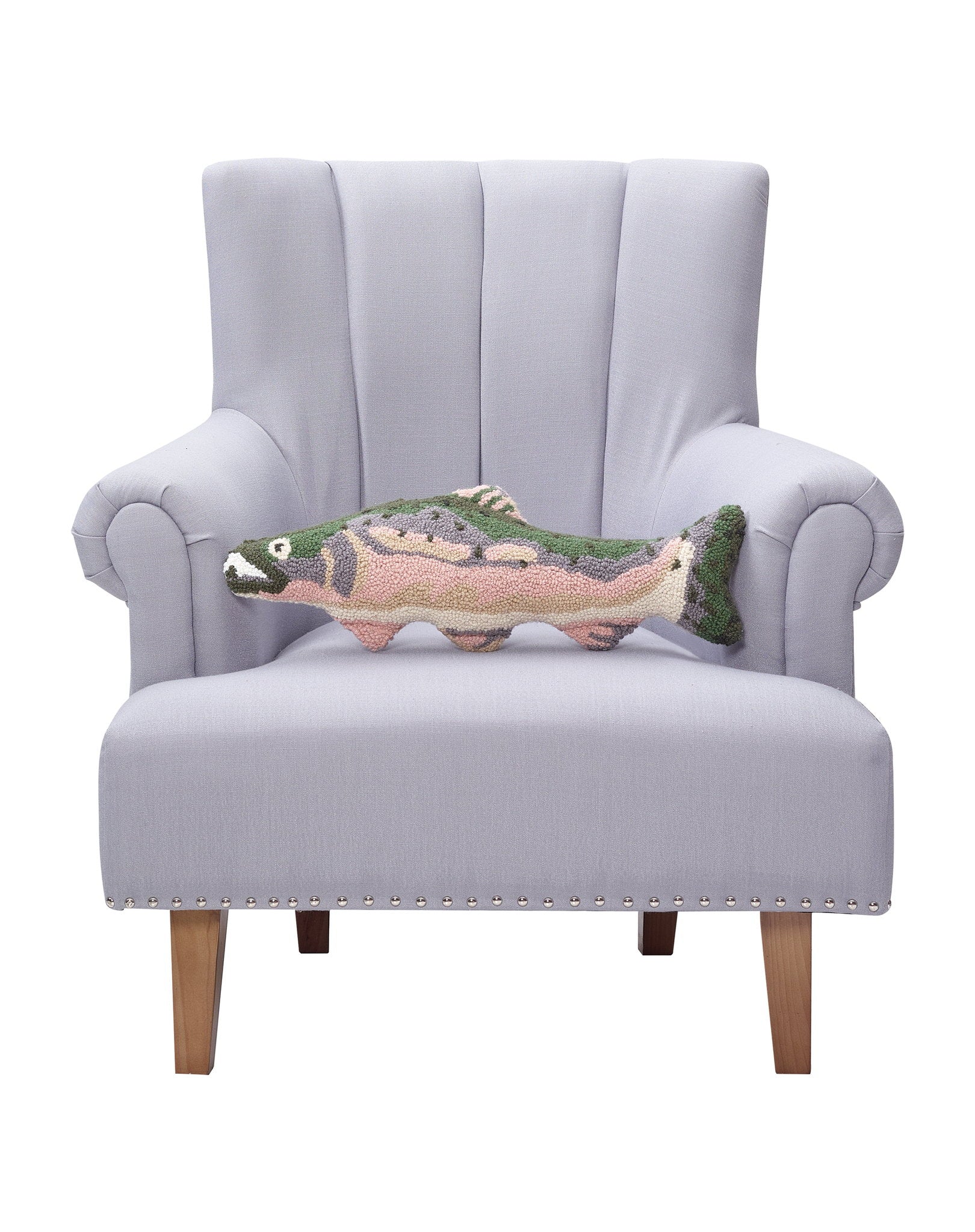 Shaped Salmon Hooked Wool Throw Pillow on an armchair, showing the throw pillow at room scale, 8x22 inch