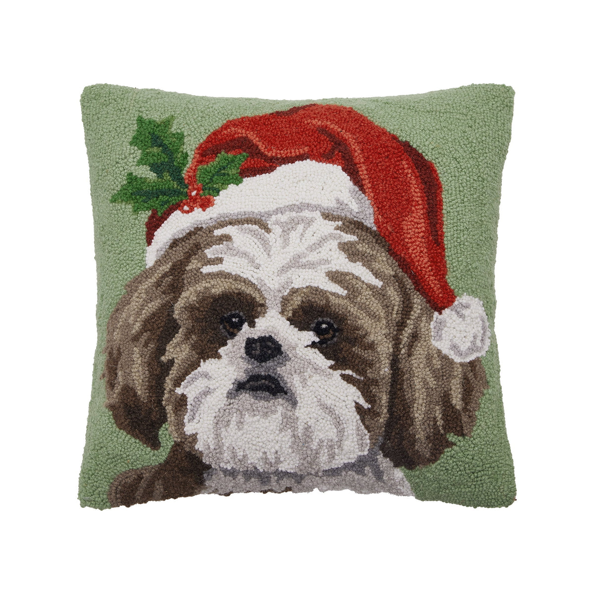 Shih Tzu Hooked Wool Christmas Throw Pillow, 18x18 inch, front view