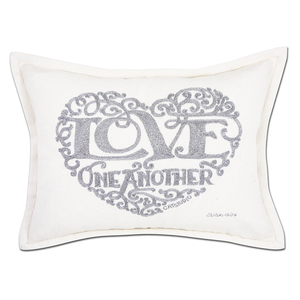 Silver Love Heart hand-embroidered throw pillow showcasing iconic landmarks