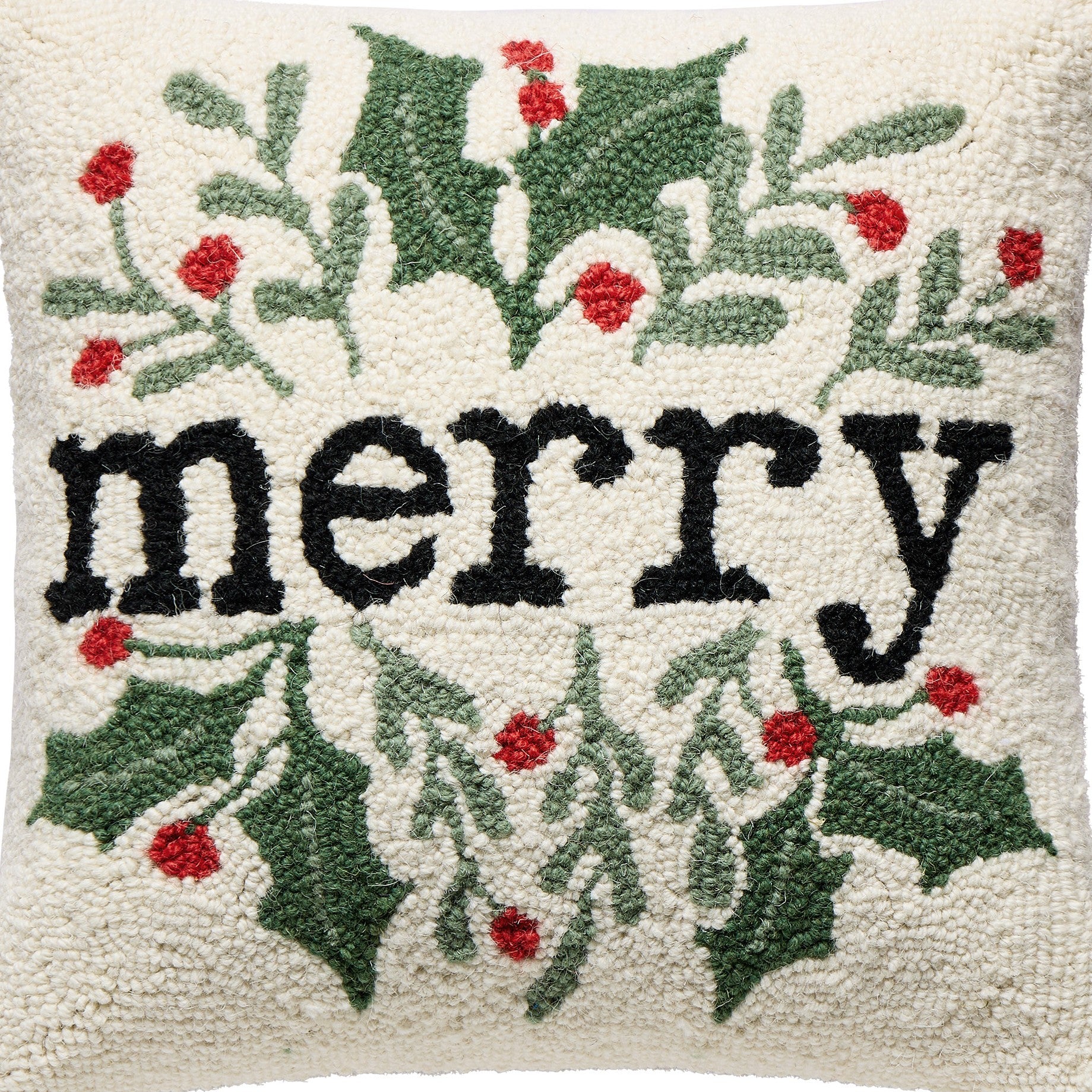 Simple Merry Foliage Hooked Wool Christmas Throw Pillow, close-up detail