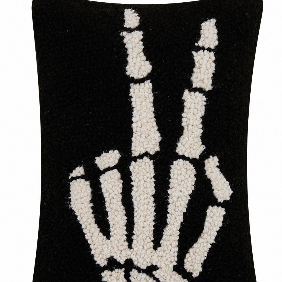 Skeleton Peace Hooked Wool Halloween Throw Pillow, close-up detail