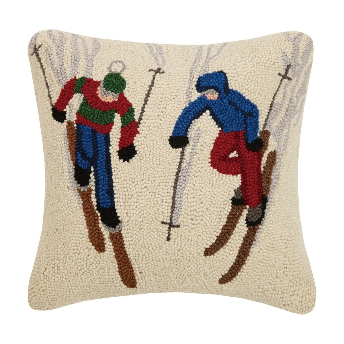 Ski Buddies Hooked Wool Christmas Throw Pillow, 16x16 inch, front view
