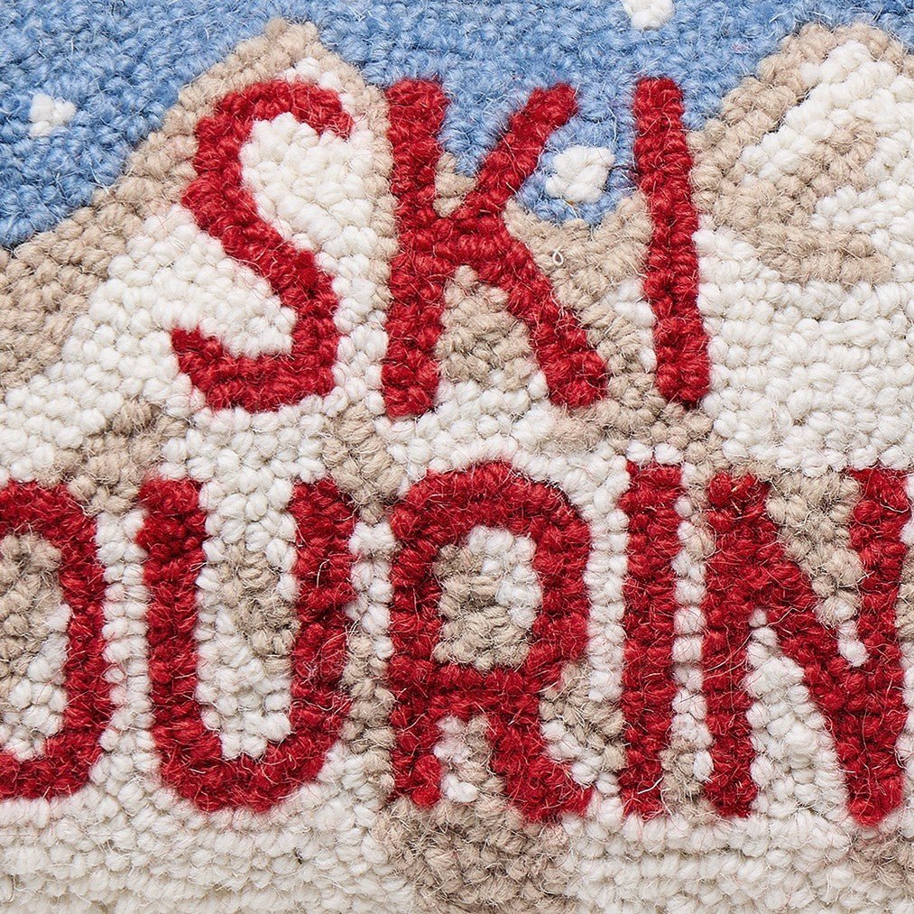 Ski Touring Hooked Wool Christmas Throw Pillow, close-up detail