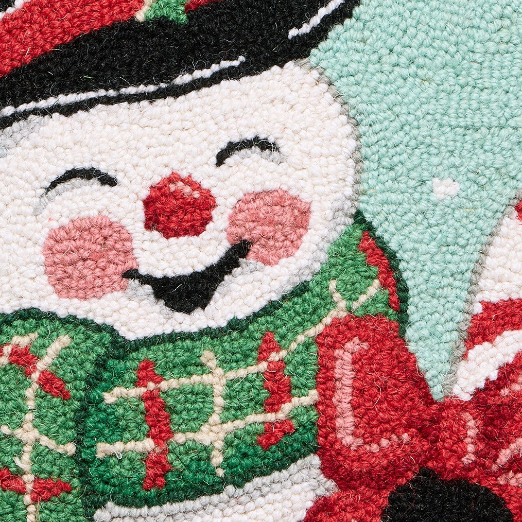 Smiling Snowman Hooked Wool Christmas Throw Pillow, close-up detail