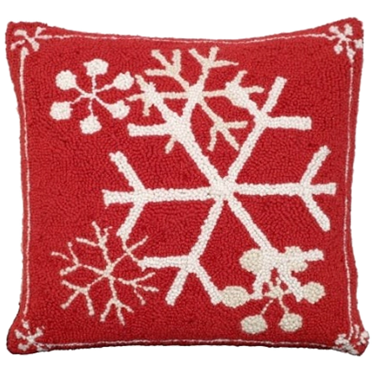 Snow Flakes Red Background hooked wool throw pillow with festive holiday seasonal design