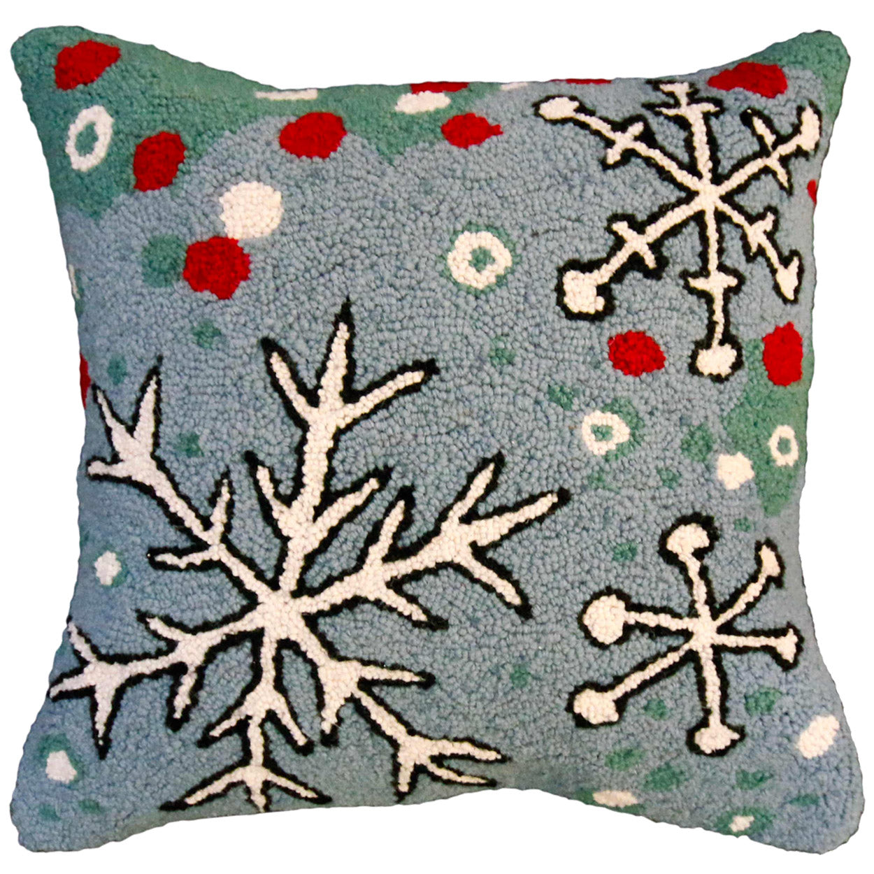 Snowflake Holly Leaves hooked wool throw pillow with festive holiday seasonal design