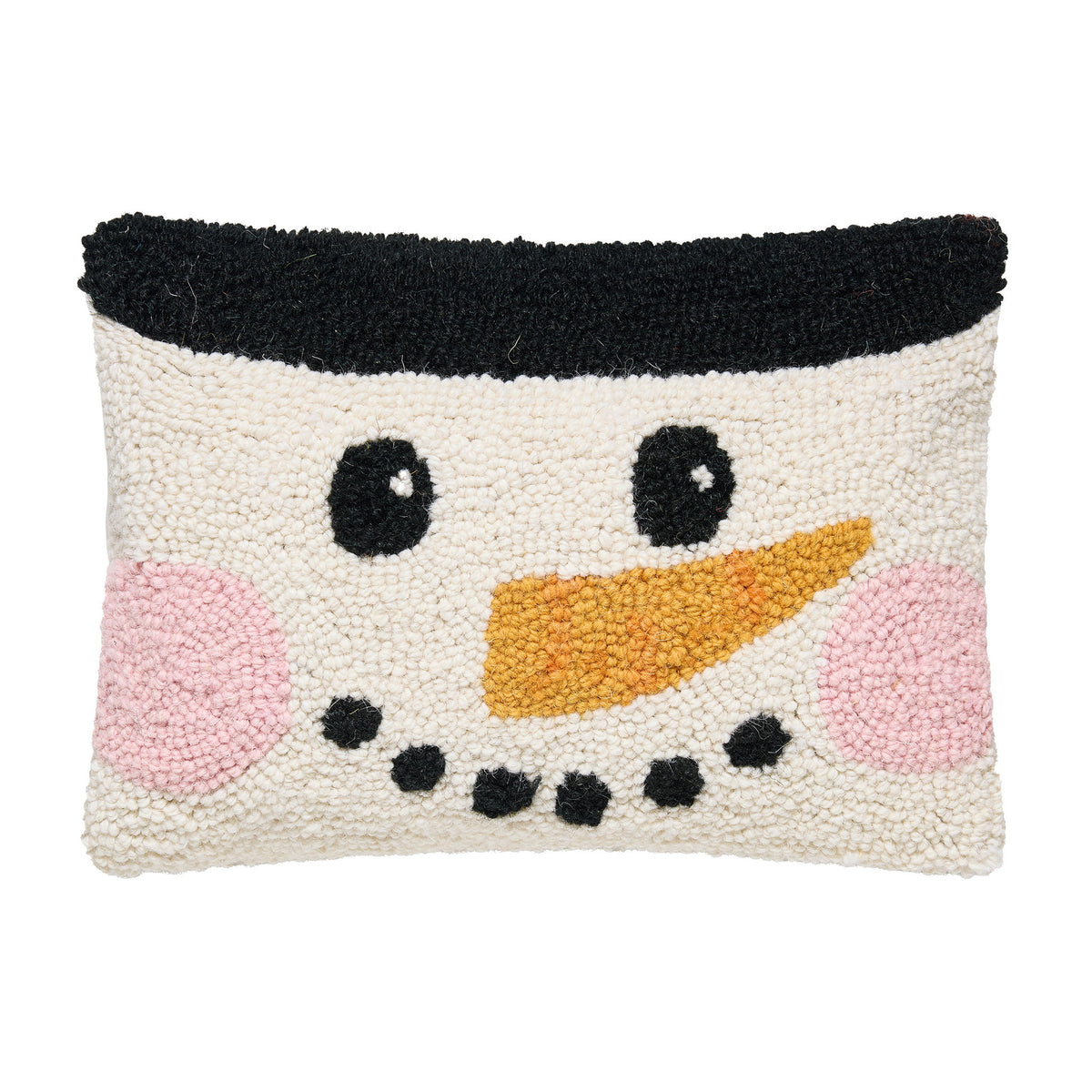 Snowman Face Hooked Wool Christmas Throw Pillow, 8x12 inch, front view