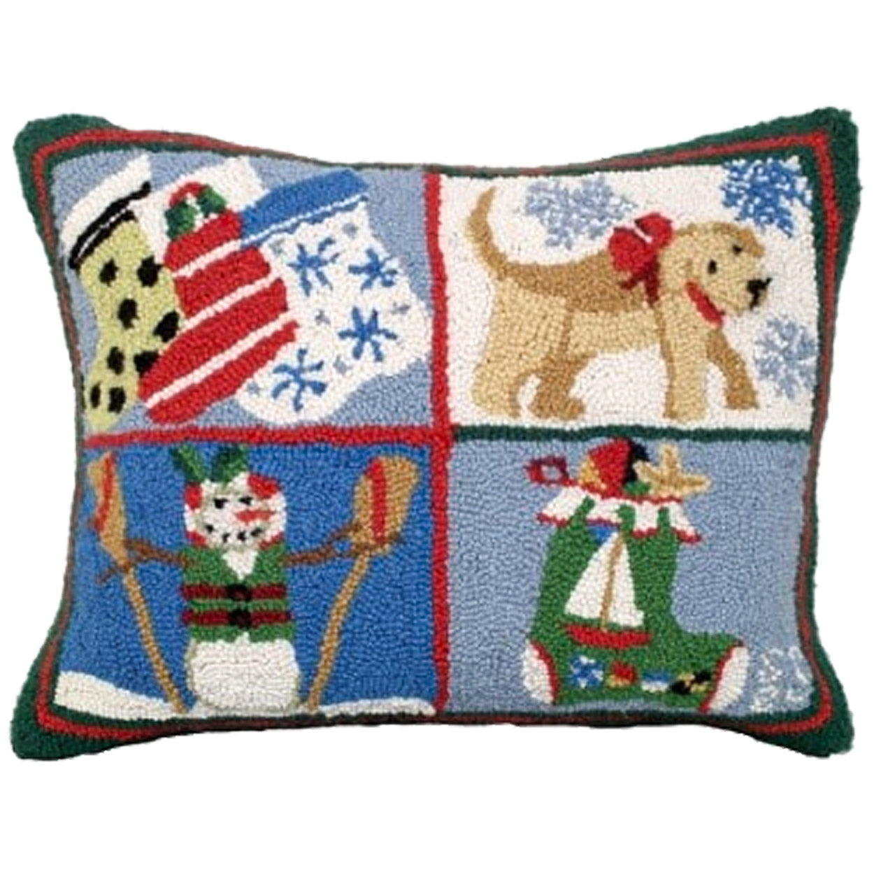 Snowman Puppy Stockings hooked wool throw pillow with festive holiday seasonal design