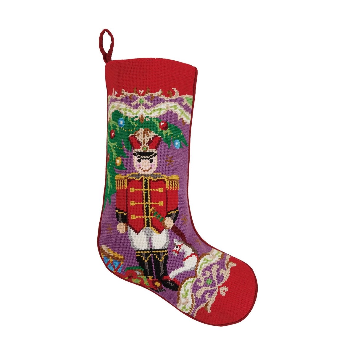 Soldier Embroidered Needlepoint Christmas Stocking, 11x18 inch, front view