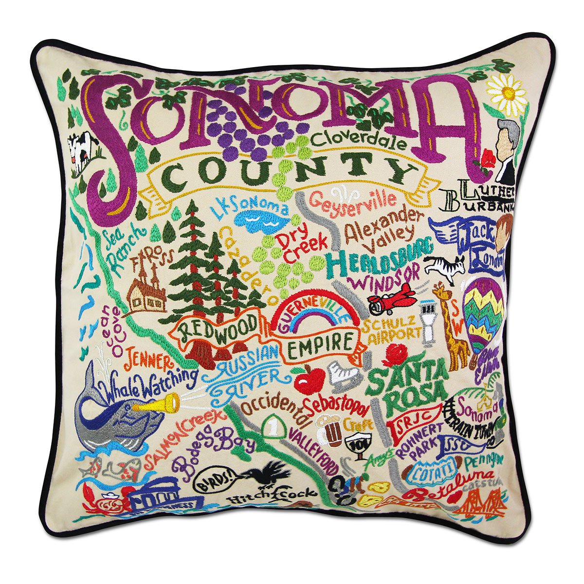 Sonoma County Wine Country hand-embroidered throw pillow showcasing iconic landmarks