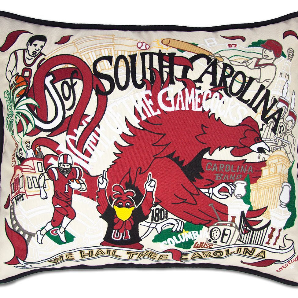 South Carolina Gamecocks hand-embroidered throw pillow featuring school colors and mascot imagery
