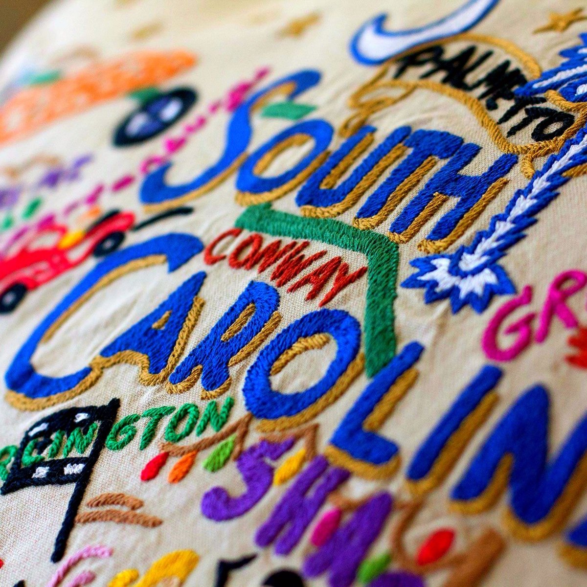 South Carolina State Palmetto Embroidered Throw Pillow - close-up detail of hand-embroidered needlepoint stitching