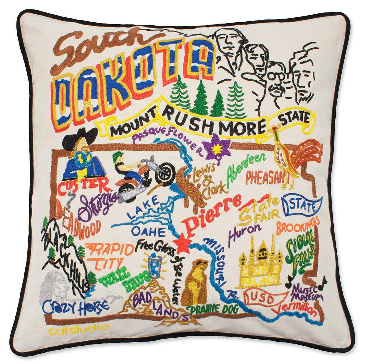South Dakota State Rushmore hand-embroidered throw pillow showcasing iconic landmarks