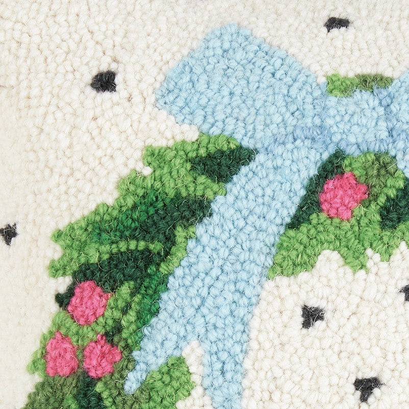 Spotted Holiday Wreath Hooked Wool Christmas Throw Pillow, close-up detail
