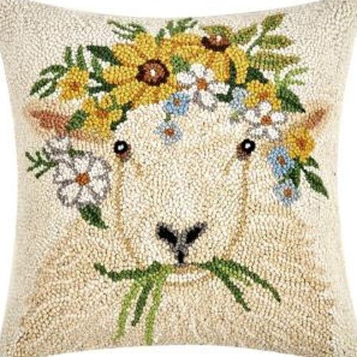Spring Sheep Hooked Wool Throw Pillow, close-up detail