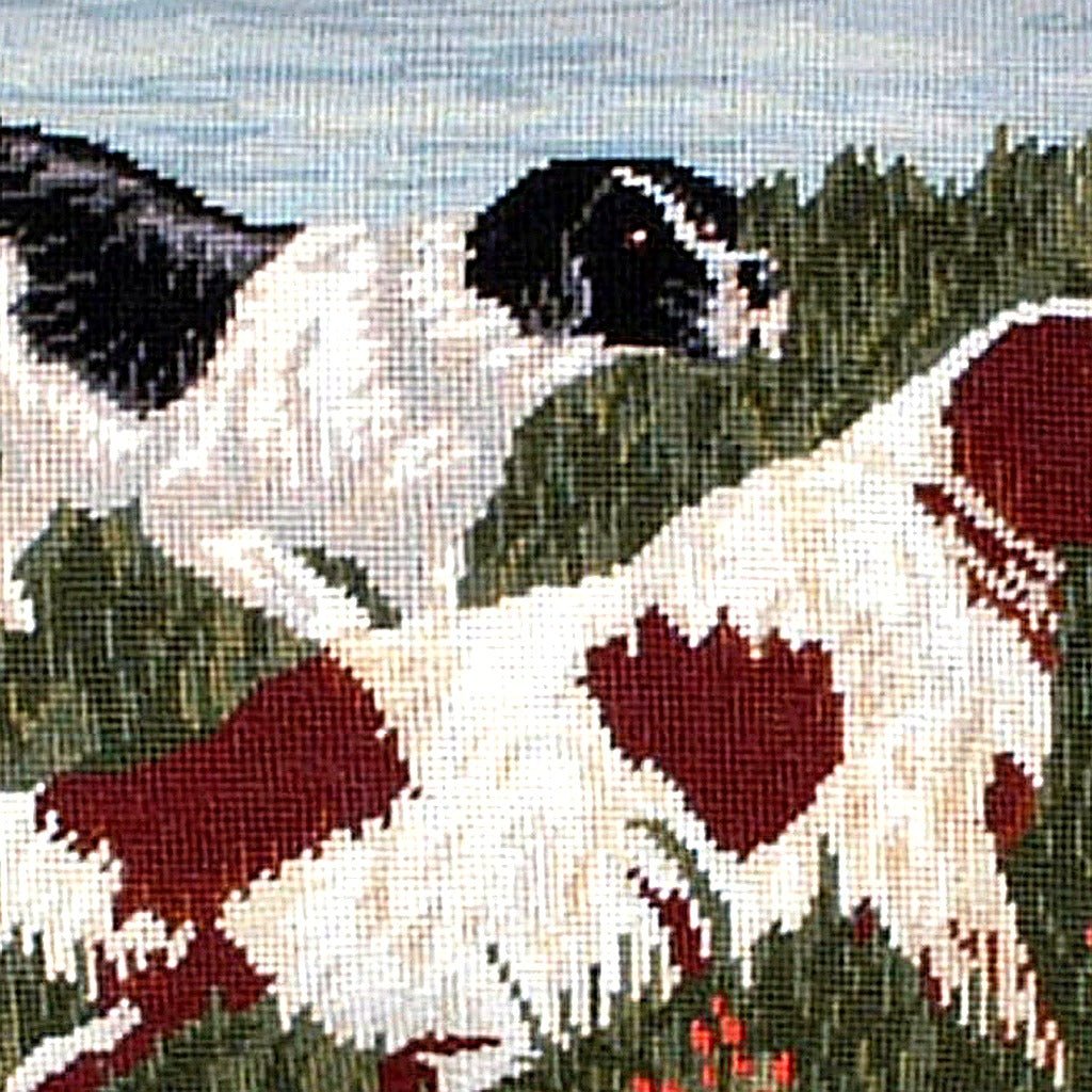 Closeup of Springer Spaniel Hunting Dog needlepoint throw pillow highlighting hand-stitched wool craftsmanship and fabric detail