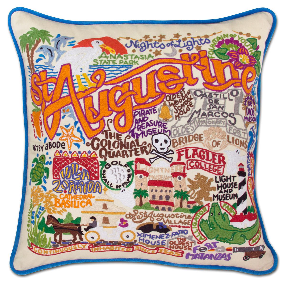 St. Augustine hand-embroidered throw pillow showcasing iconic landmarks
