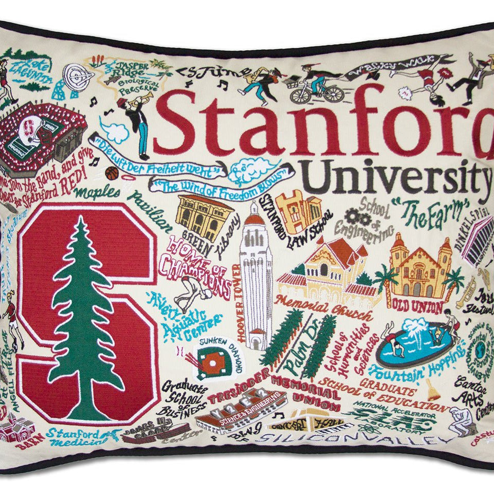 Stanford University Cardinal hand-embroidered throw pillow featuring school colors and mascot imagery