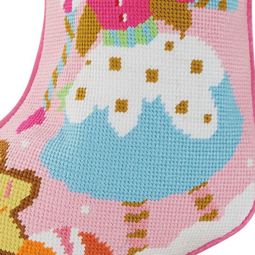 Closeup of Sugar Plum Embroidered Needlepoint Christmas Stocking showing stitch texture and craftsmanship detail