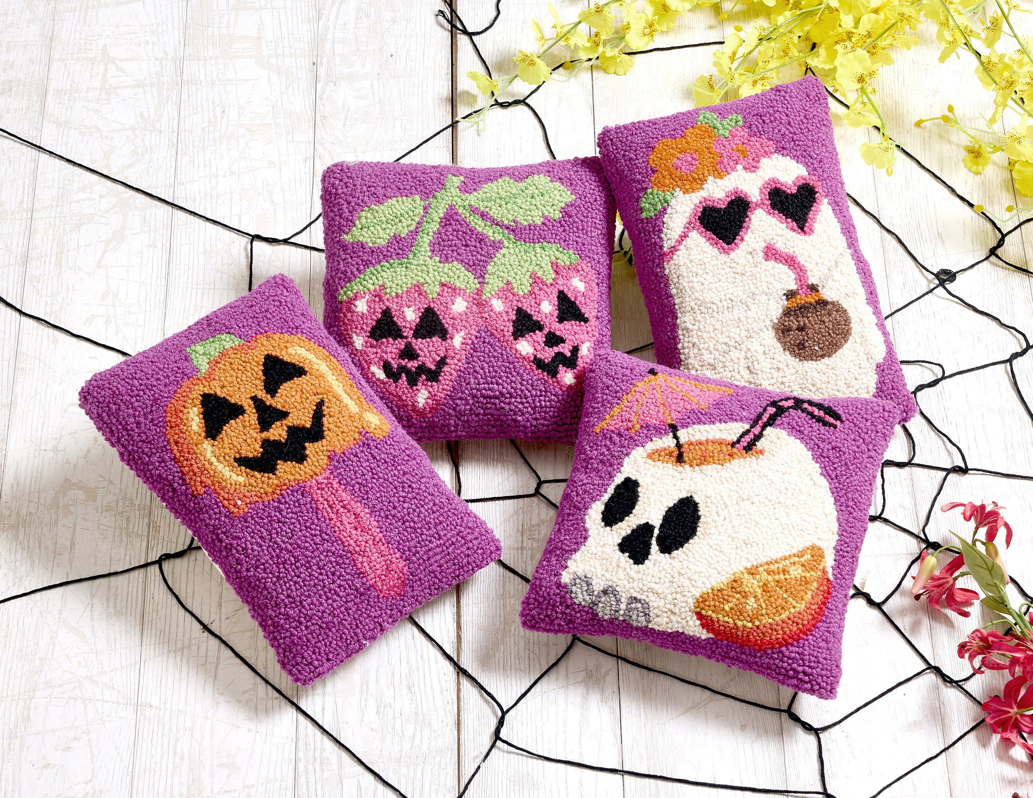 Summerween Jack Popsicle Hooked Wool Halloween Throw Pillow shown alongside other designs in the same collection, 8x12 inch