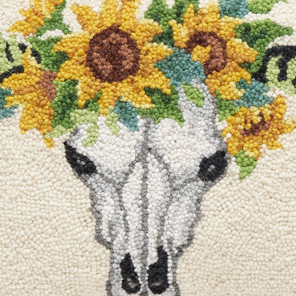 Sunflower Skull Hooked Wool Halloween Throw Pillow, close-up detail
