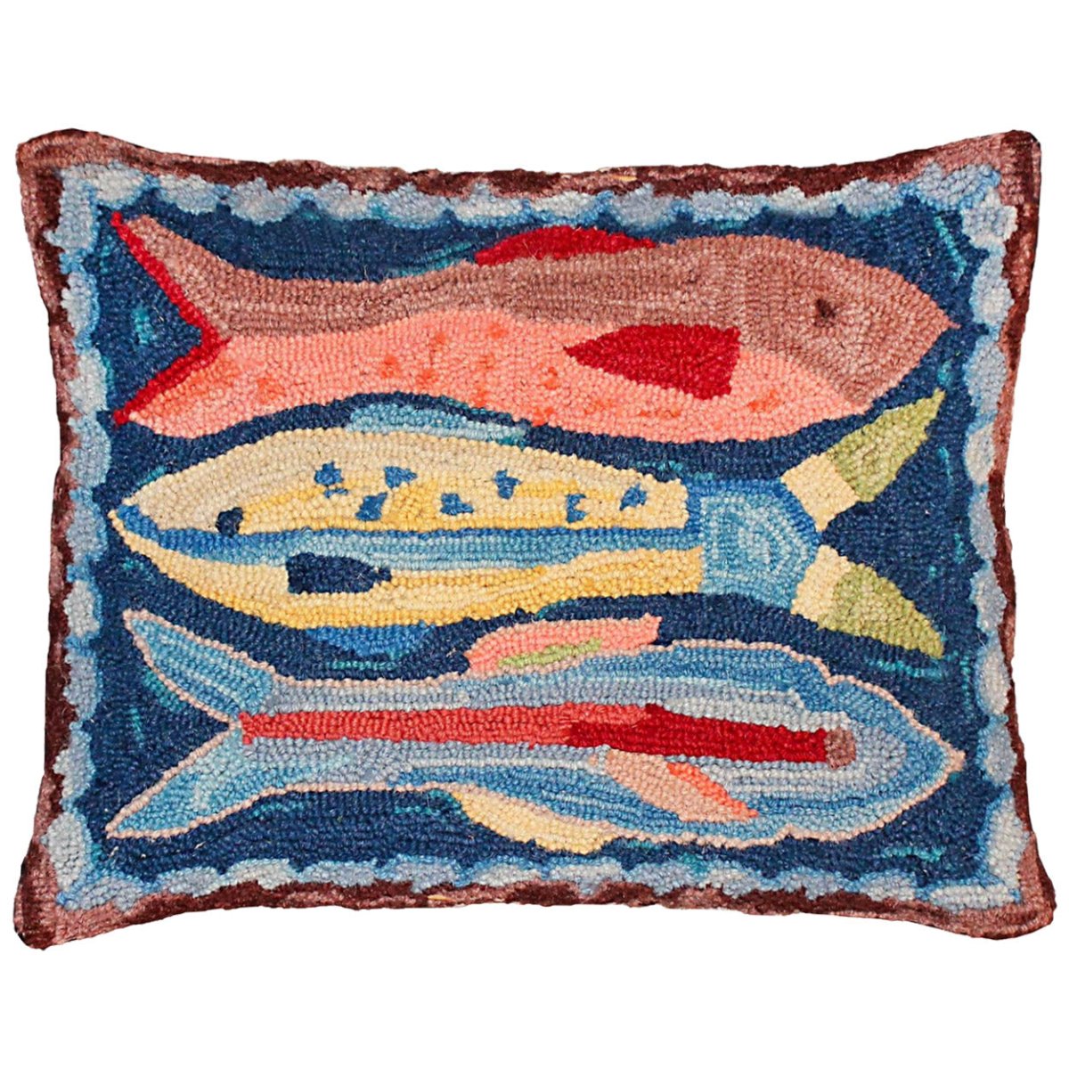Swimming School Fish hooked wool throw pillow with rustic nature wildlife lodge design