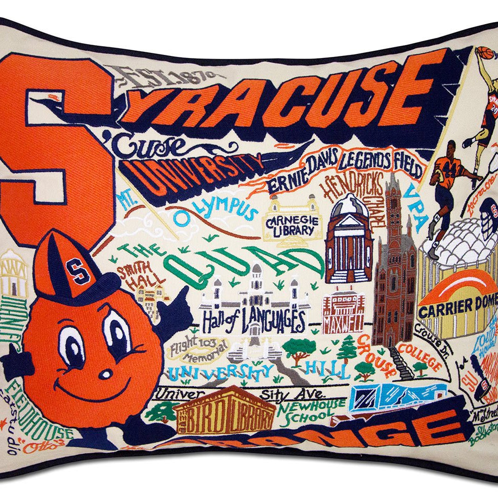 Syracuse University Orange hand-embroidered throw pillow featuring school colors and mascot imagery