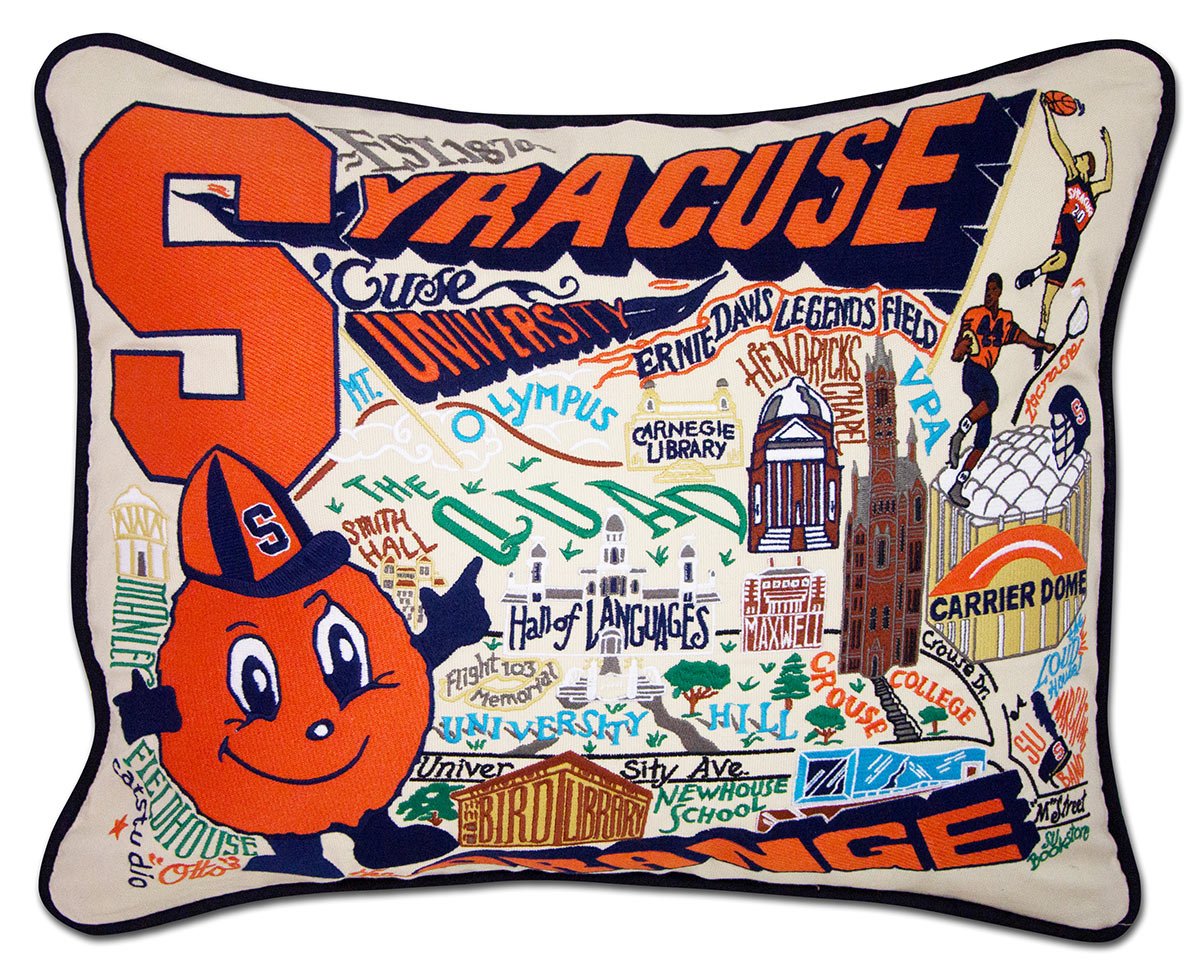 Syracuse University Orange hand-embroidered throw pillow featuring school colors and mascot imagery