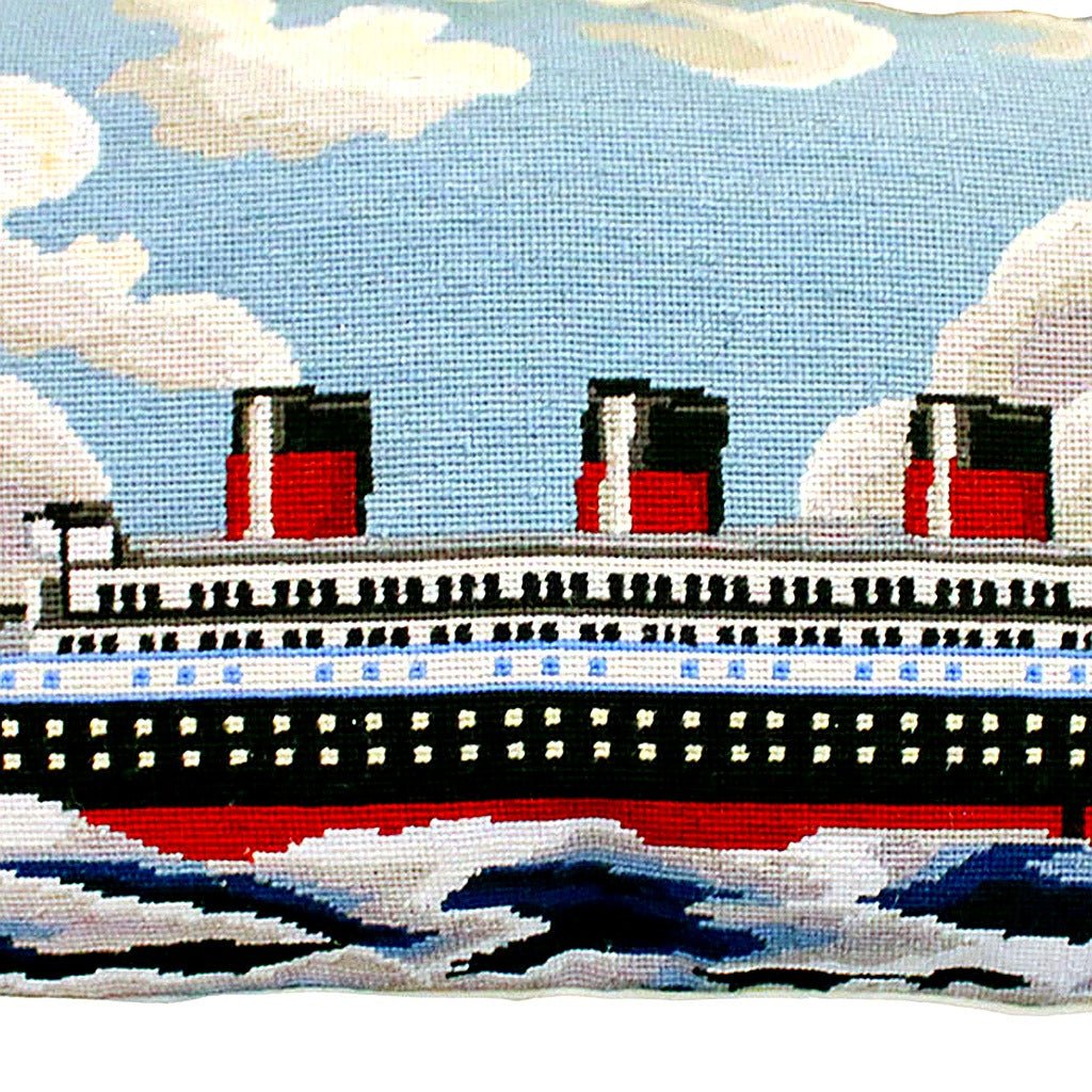 Closeup of Tall Ship Coastal Nautical needlepoint throw pillow highlighting hand-stitched wool craftsmanship and fabric detail