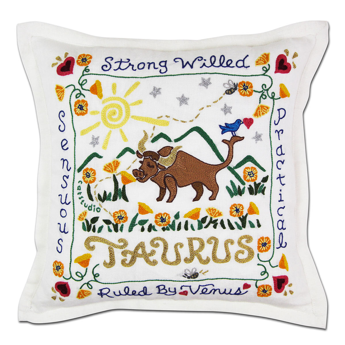 Taurus Astrology Zodiac hand-embroidered throw pillow showcasing iconic landmarks